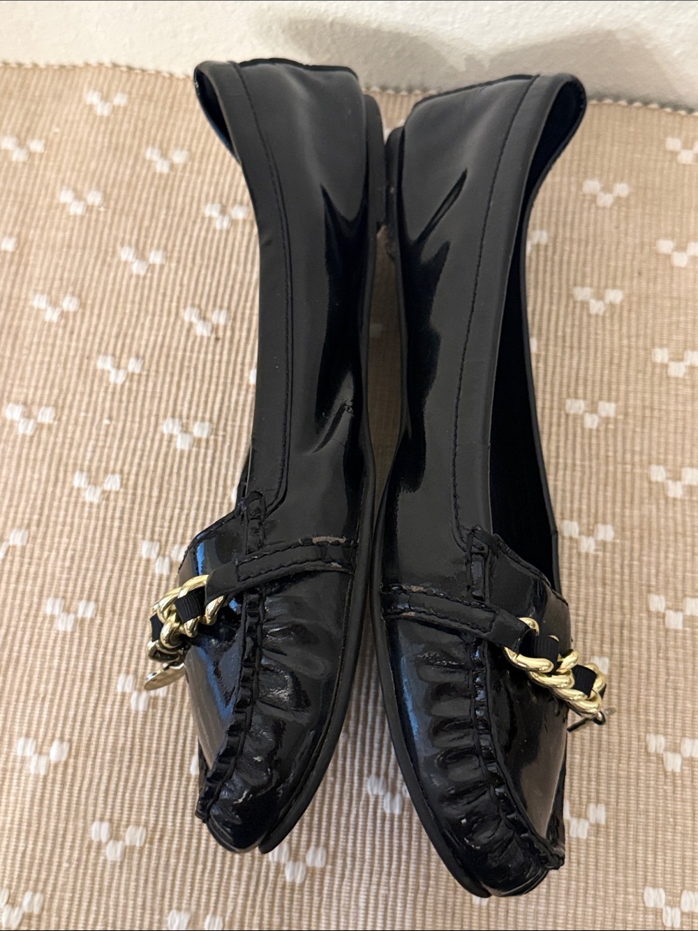 Coach Black Patent Leather Chain Link Ballet Flats Moc Toe Shoes 8 - Picture 7 of 16